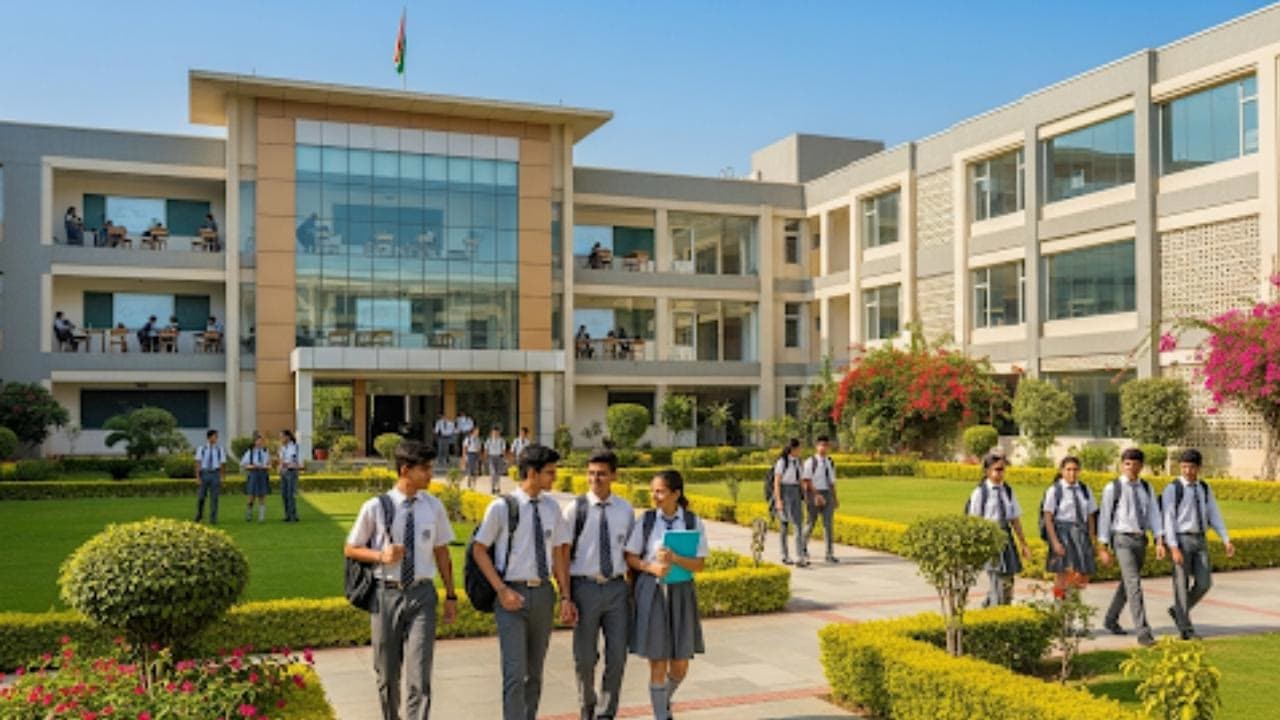 Senior School's main campus building with students walking outside