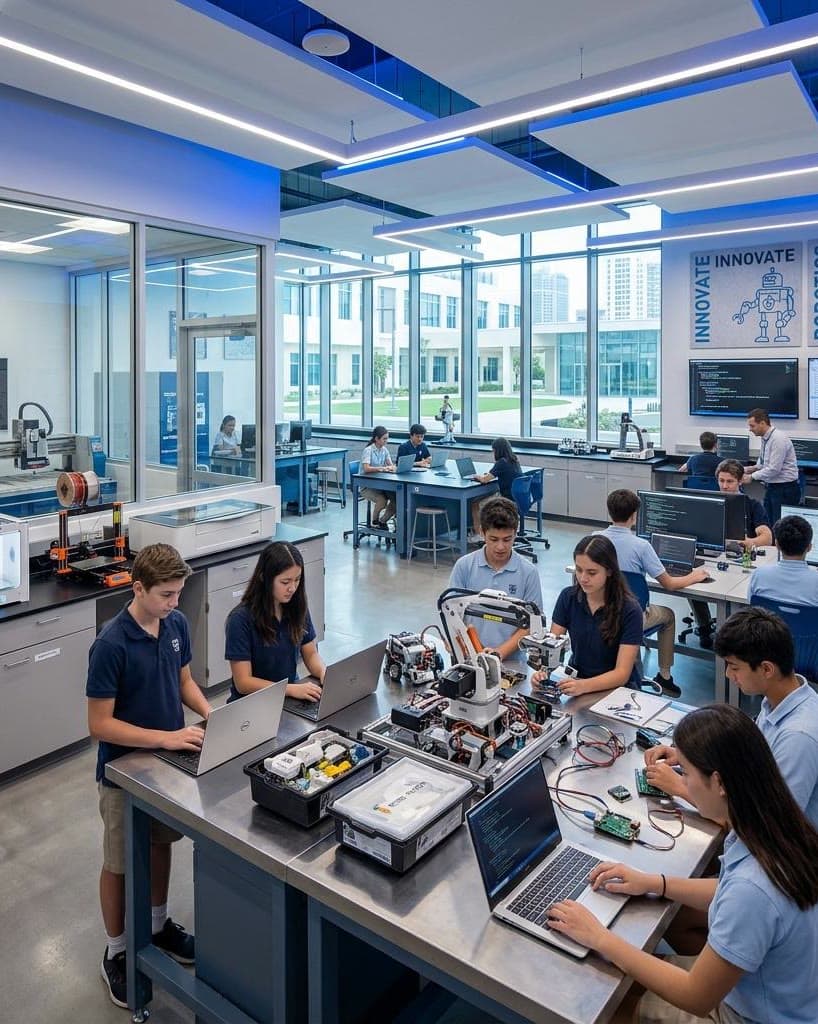 Senior School students building a robotics arm in the AI & Robotics Lab