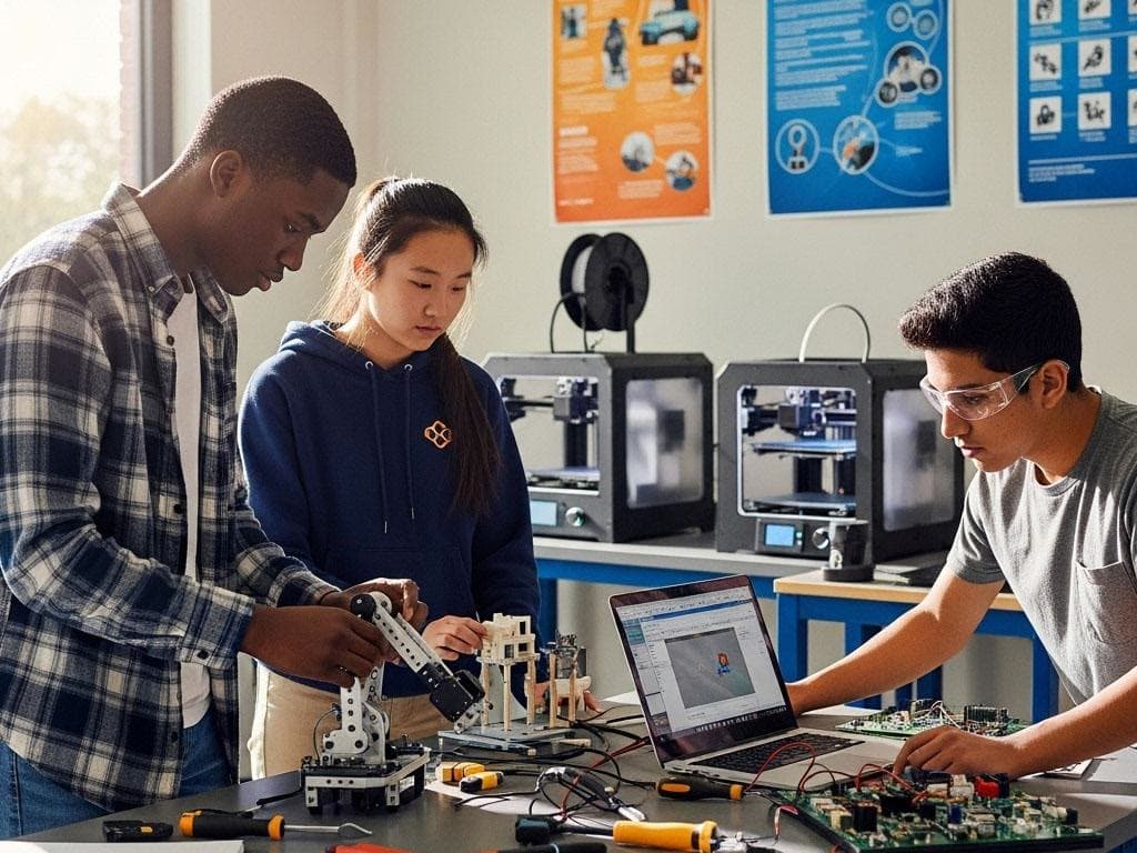 Senior School students building a robotics arm together in a design lab