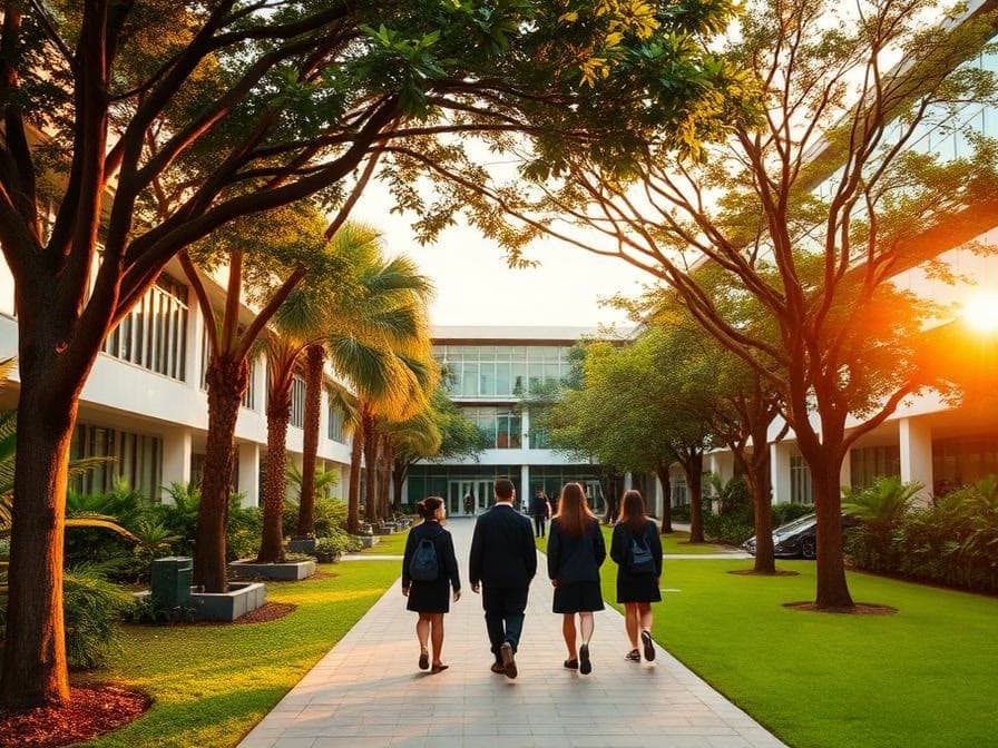 Senior School students walking together across campus at sunset