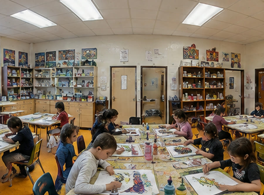 Junior School students painting together at a table