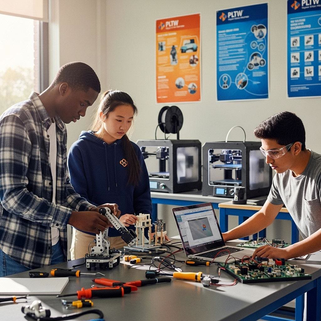 Senior School students building a robotics arm together
